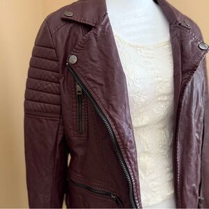 Blank NYC Red Leather Motorcycle Jacket with Quilted Shoulders